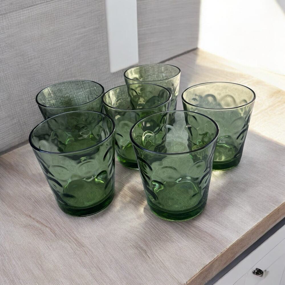 Vintage Hazel Atlas El Dorado Green Bubble 6 Juice Glasses 3.5” MCM Avocado